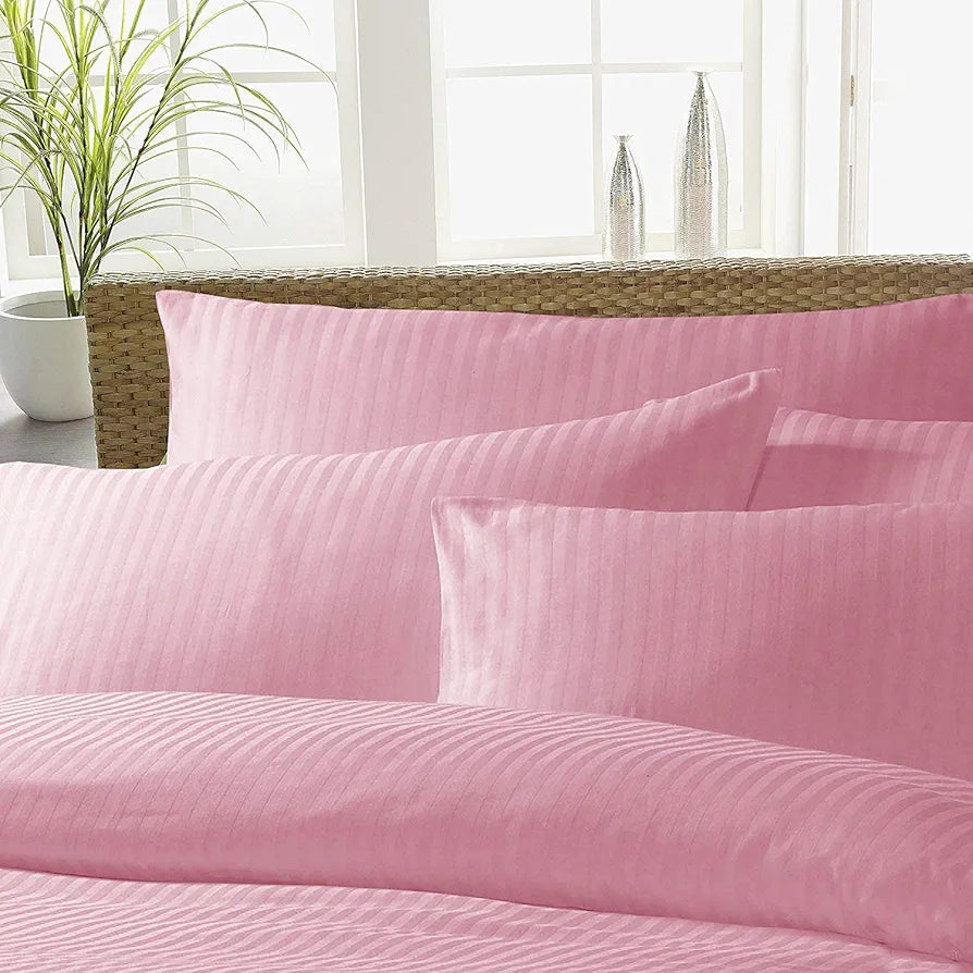 Purav Light Microfiber Flat Double Bed Bedsheet Plain Striped Cotton Bedsheet with 2 Pillow Covers for King Size Bed Supersoft 340 TC Breathable Pink Color