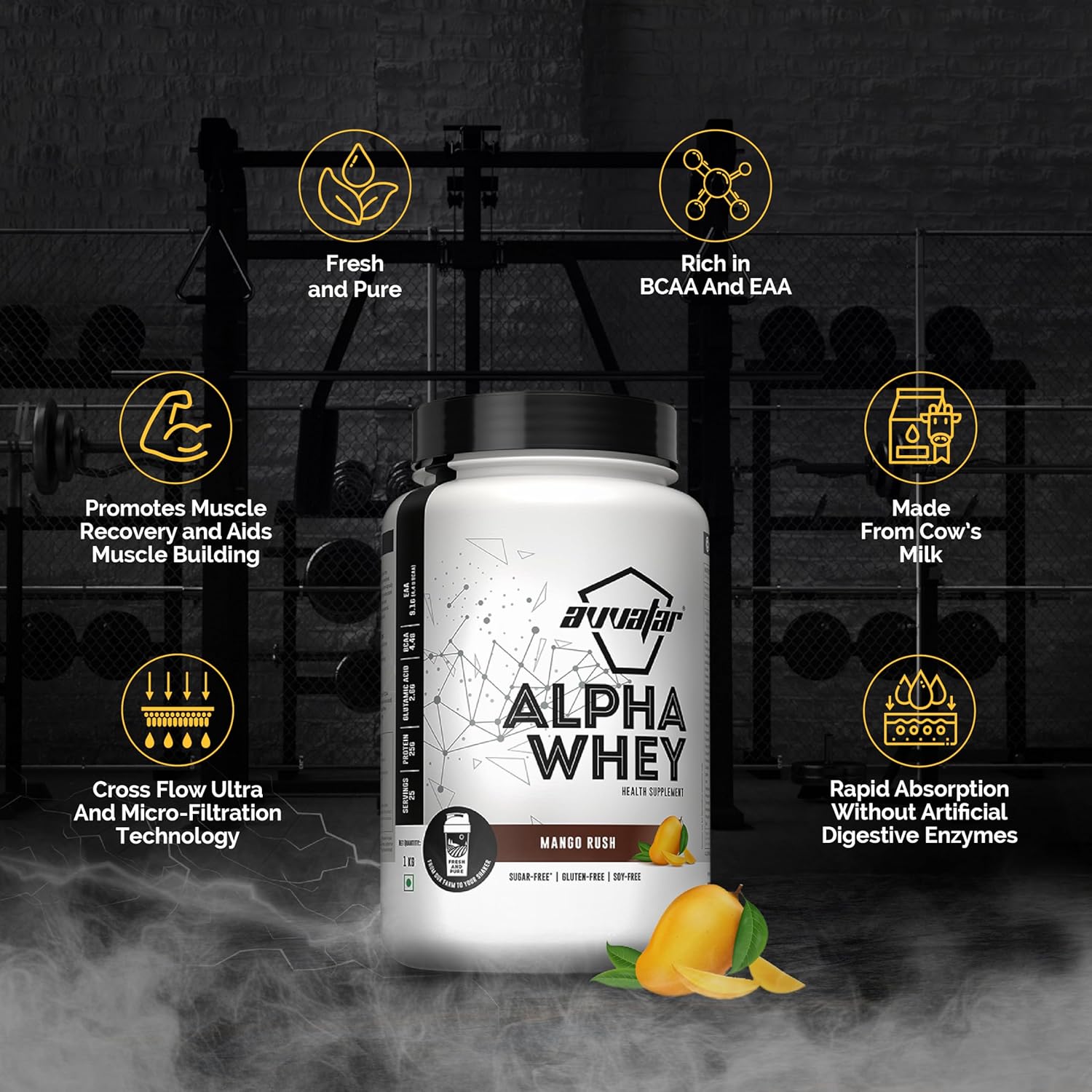 avvatar ALPHA WHEY PROTEIN | 1Kg | Mango Rush Flavour | 25g Protein | 25 Servings