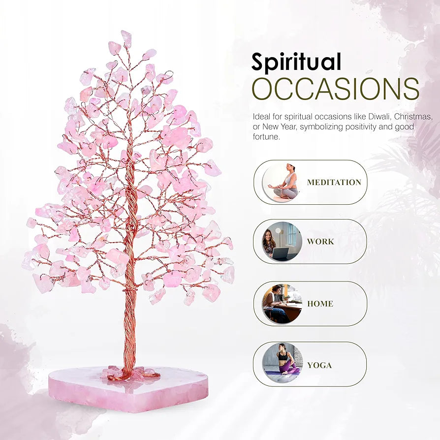 Zaicus Rose Quartz Heart Base Feng Shui Gemstone Bonsai Tree with Healing Crystals