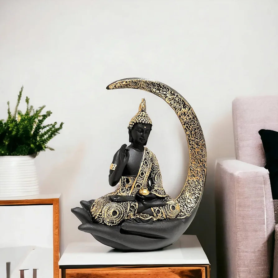 Neelaya Antique Big Meditating Moon Buddha Statue Showpiece Buddha Idol Polyresin Figurine Black
