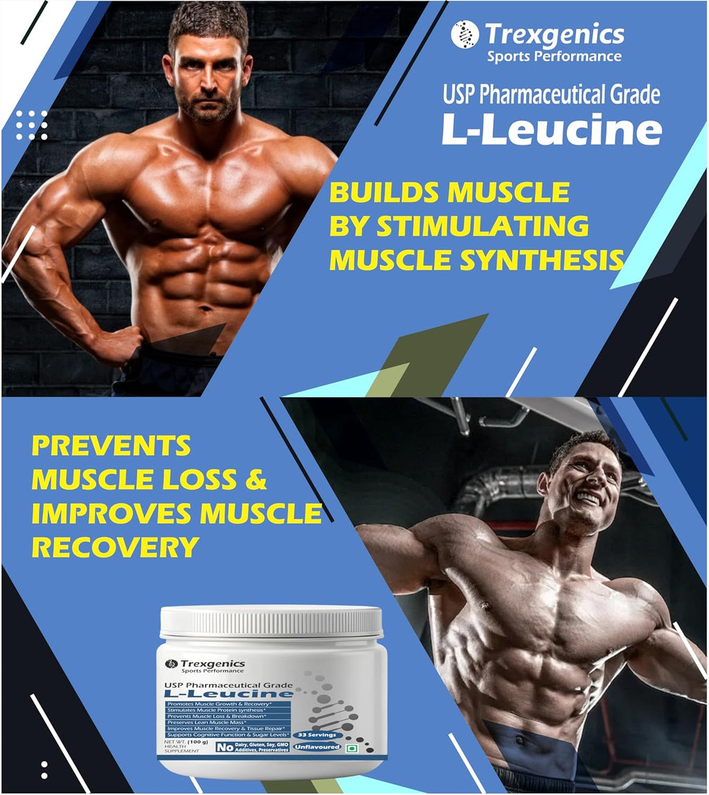 Trexgenics L-LEUCINE PHARMACEUTICAL USP grade 33 Servings, Unflavoured Pure Powder Recovery, Muscle Preservation, Muscle Growth (100 gram)
