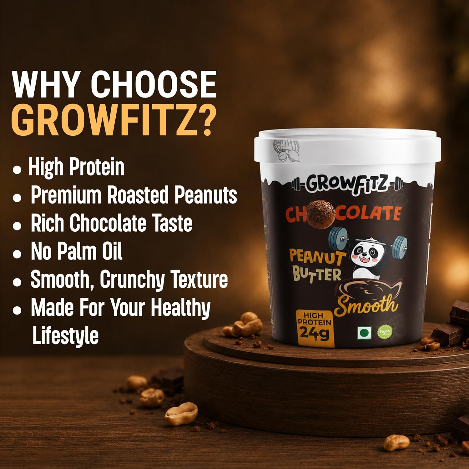 Growfitz CHOCO LAVA Peanut Butter | Indulgent Chocolate Taste | 24 g High Protein | Crunchy Peanut Butter Spread | No Palm Oil | Protein Rich | 800g