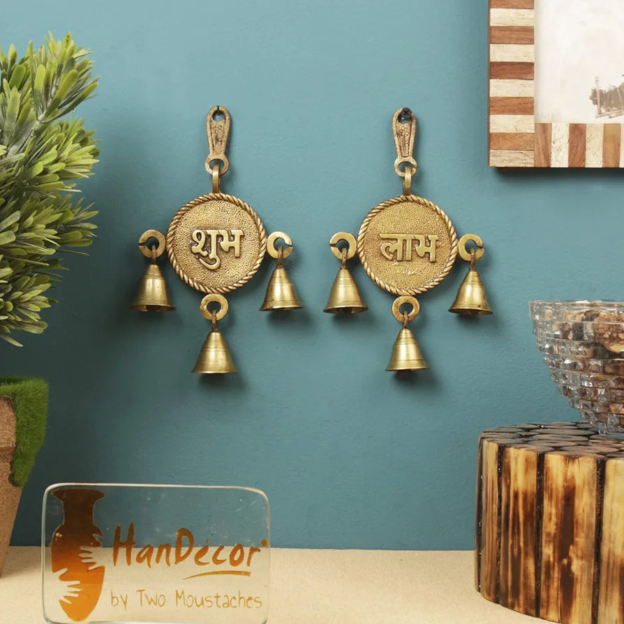 Two Moustaches Brass Rounded Shubh Labh Door Hanging Bells Setof 2