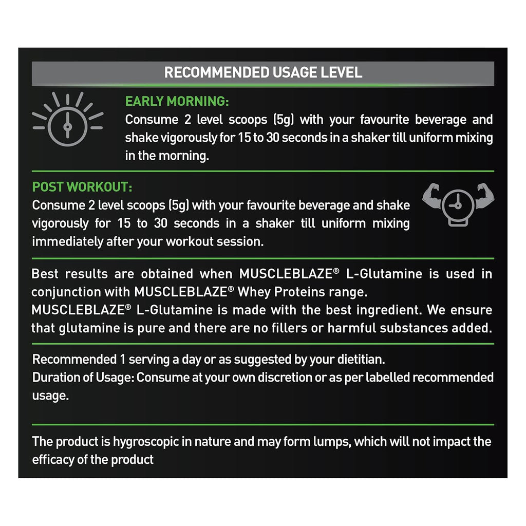 MuscleBlaze L-Glutamine (Unflavoured, 250g, 50 Servings) | Post Workout Recovery | 5g Glutamine