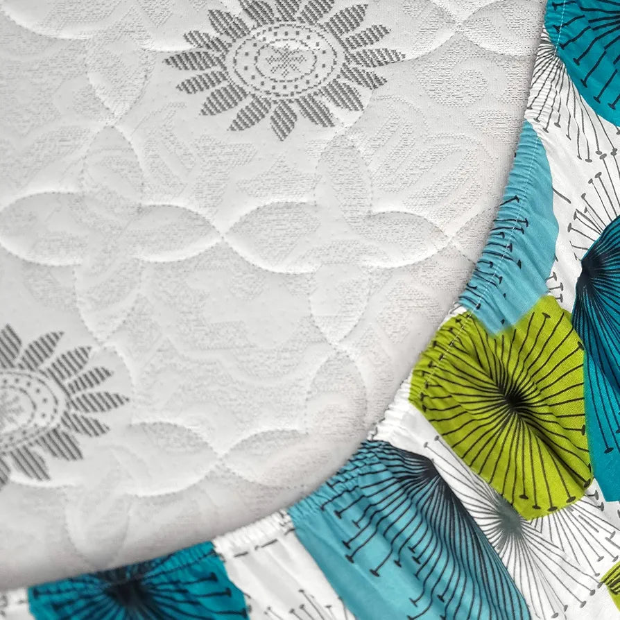 Divine Casa 144 TC 100% Cotton Floral Green Breathable Queen Size Elastic Fitted Bedsheets Colour Baltic Sea