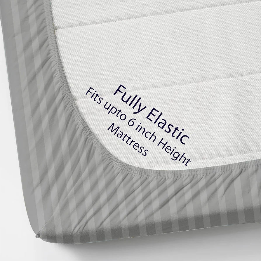 Homefab India 160 TC Stripe Cotton Feel Glace Cotton Elastic Fitted King Size Double Bed Bedsheet with 2 Pillow Covers Fits Upto 6 inches Mattress Silver