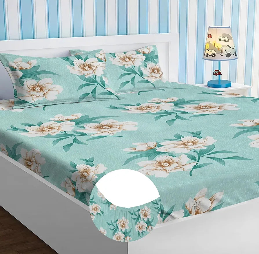 Homekart Premium Cotton Elastic Fitted Bedsheets with 2 King Size Pillow Covers Double Bed Flower Print Light Green 200 tc - 220 tc