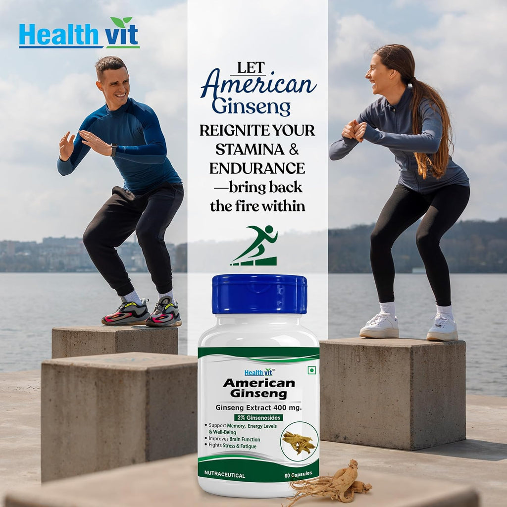 Healthvit American Ginseng 400mg (2% Ginsenosides) | Supports Brain Function, Boosts Immunity, Energy & Memory | Vegan & Gluten Free | 60 Capsules