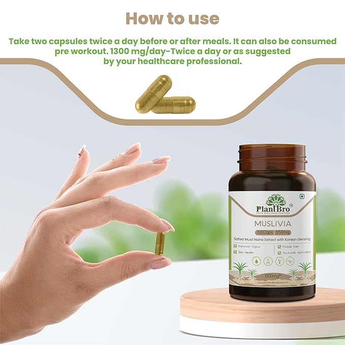 PlantBro Muslivia, Nano Safed Musli Blended With Korean Gensing - 60 Capsules
