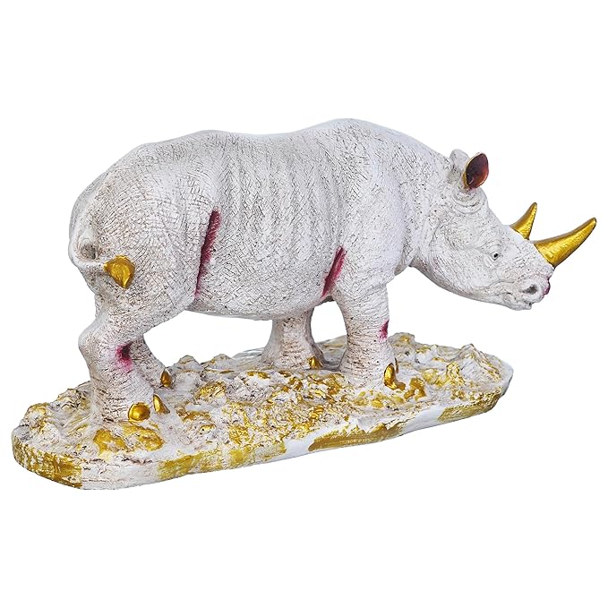 Ecraftindia White Polyresin Rhinoceros Statue With Golden Horns Animal Figurine