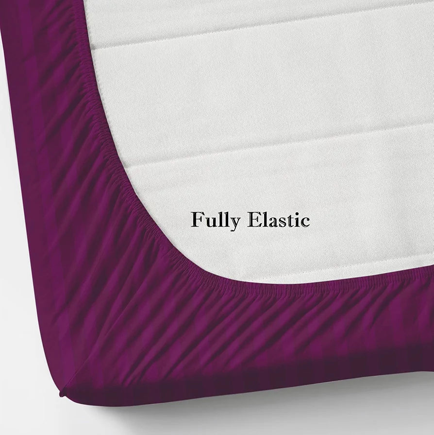 Homefab India 160 TC Stripe Cotton Feel Glace Cotton Elastic Fitted King Size Double Bed Bedsheet with 2 Pillow Covers Fits Upto 6 inches Mattress Dark Pink