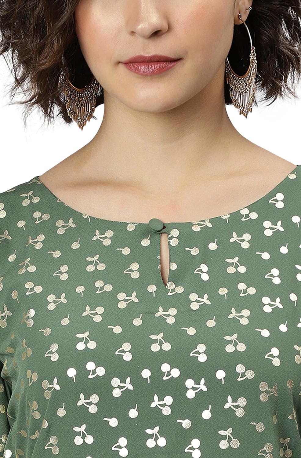 Janasya Women's Green Poly Crepe Printed Kaftan