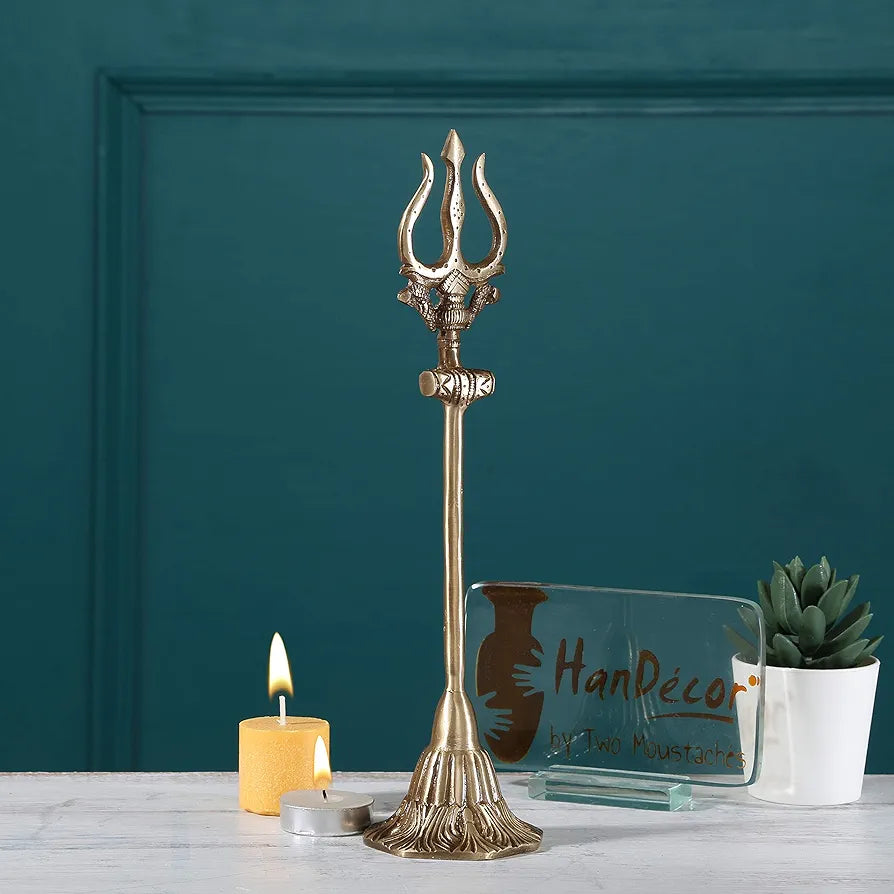 Two Moustaches Brass Shiva's Trishul with Damru Decorative Showpiece