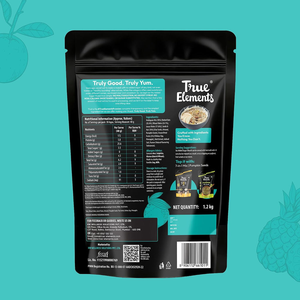 True Elements Muesli Sugar Free 1.2 kg - 100% Wholegrain Muesli | No Added Sugar | Diet Food for Weight Management | Healthy and Quick Breakfast | Millet Muesli - 18% Jowar | HIgh Protein