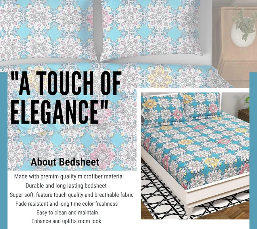 HomeKart Floral 180 Tc Ultra Super Soft Cotton Feel Microfiber Double Bedsheet with Two Pillow Covers for Your Bedroom Aqua