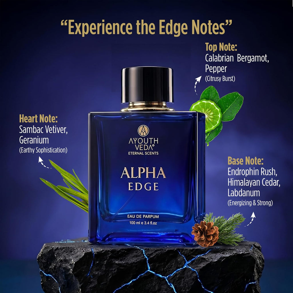 Ayouthveda Alpha Edge Eau De Parfum for Men | Long-Lasting Woody Spicy Luxury Perfume | Calabrian Bergamot, Sambac Vetiver, Endorphin Rush & Himalayan Cedar | Bold & Powerful Fragrance | 100ml