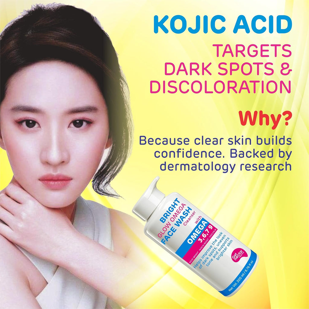 Get Nectar Happiness Bright Glow Omega Korean Glow Essence Face Wash Cleanser | Dark Spot, Pigmentation, Whitening & Brightening, Even Skin Tone & Gentle Daily Cleanser for Radiant, Glowing Skin â€“ 200 ml