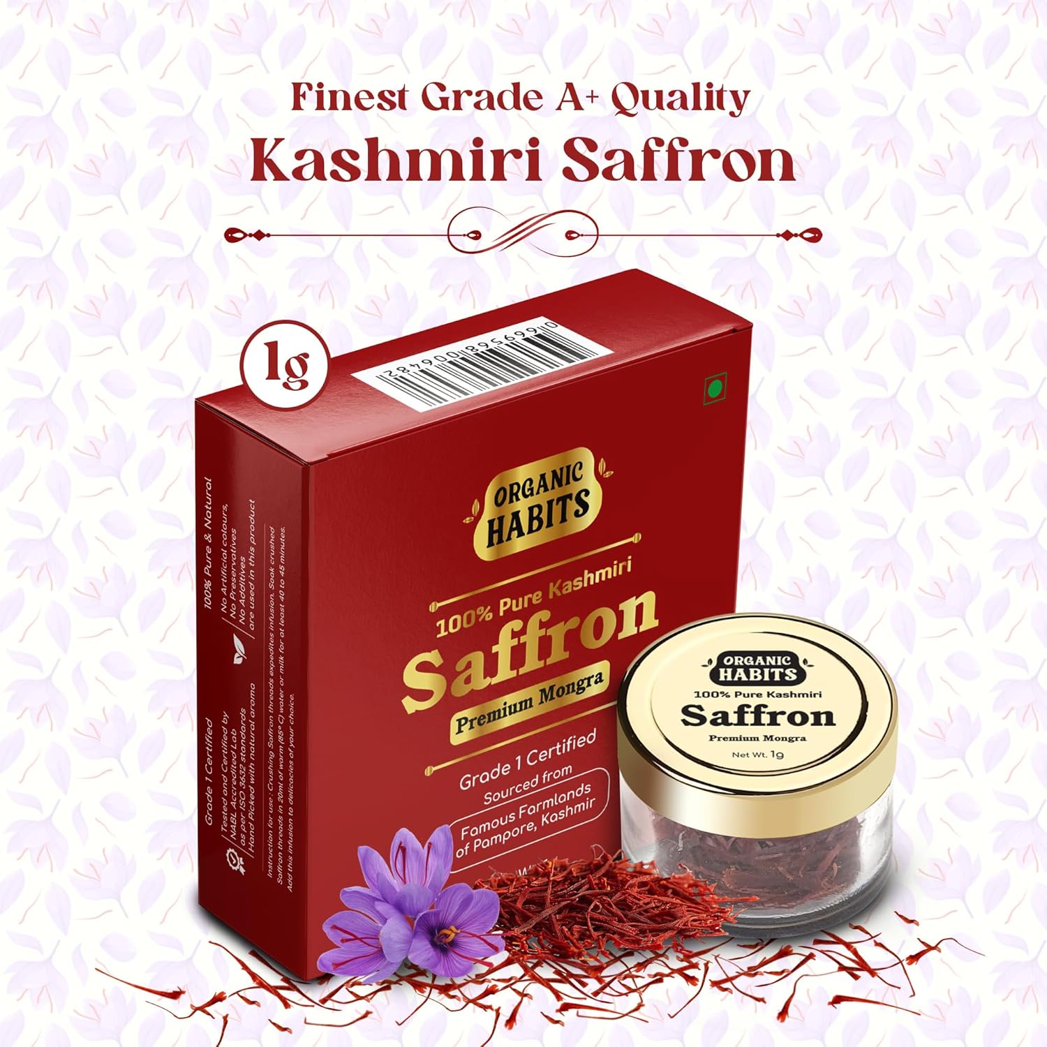 Organic Habits 100% Pure Original Kashmiri Saffron/kesar/kumkuma Puvvu - 1 Gms