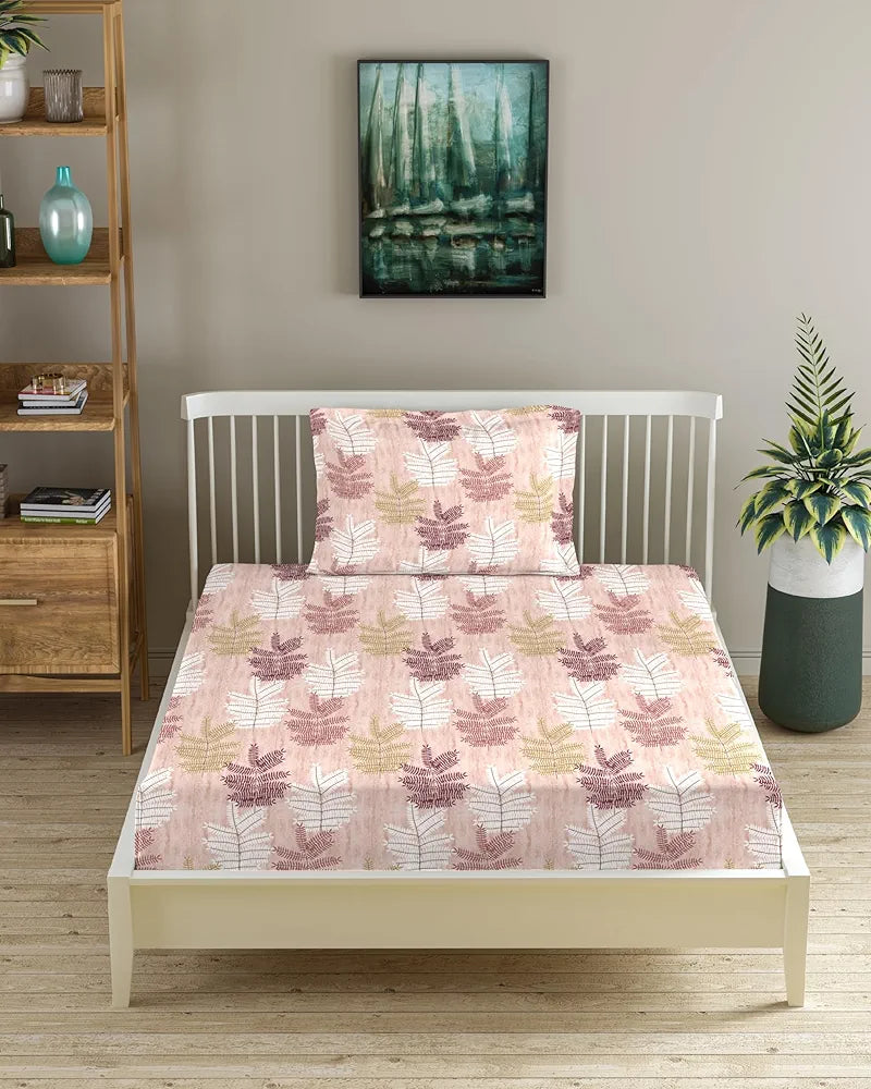 Trance Home Linen 100% Cotton 180 TC 78"X36" Single Size Elastic Fitted Bedsheet With 1 Pillow Cover Smallsingle Colour Ferns Coral