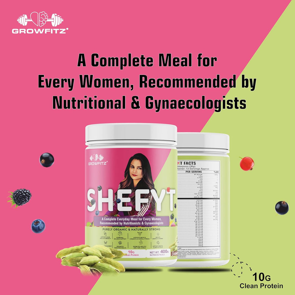 Growfitz Shefyt 100% Natural Plant Protein Rich 400g | 12g Protein | Meal Replacement Shake For Weight Control & Management | 50+ Powerful Herbs | Energy, Wellness, Immunity, Law Fat (Cardamom)