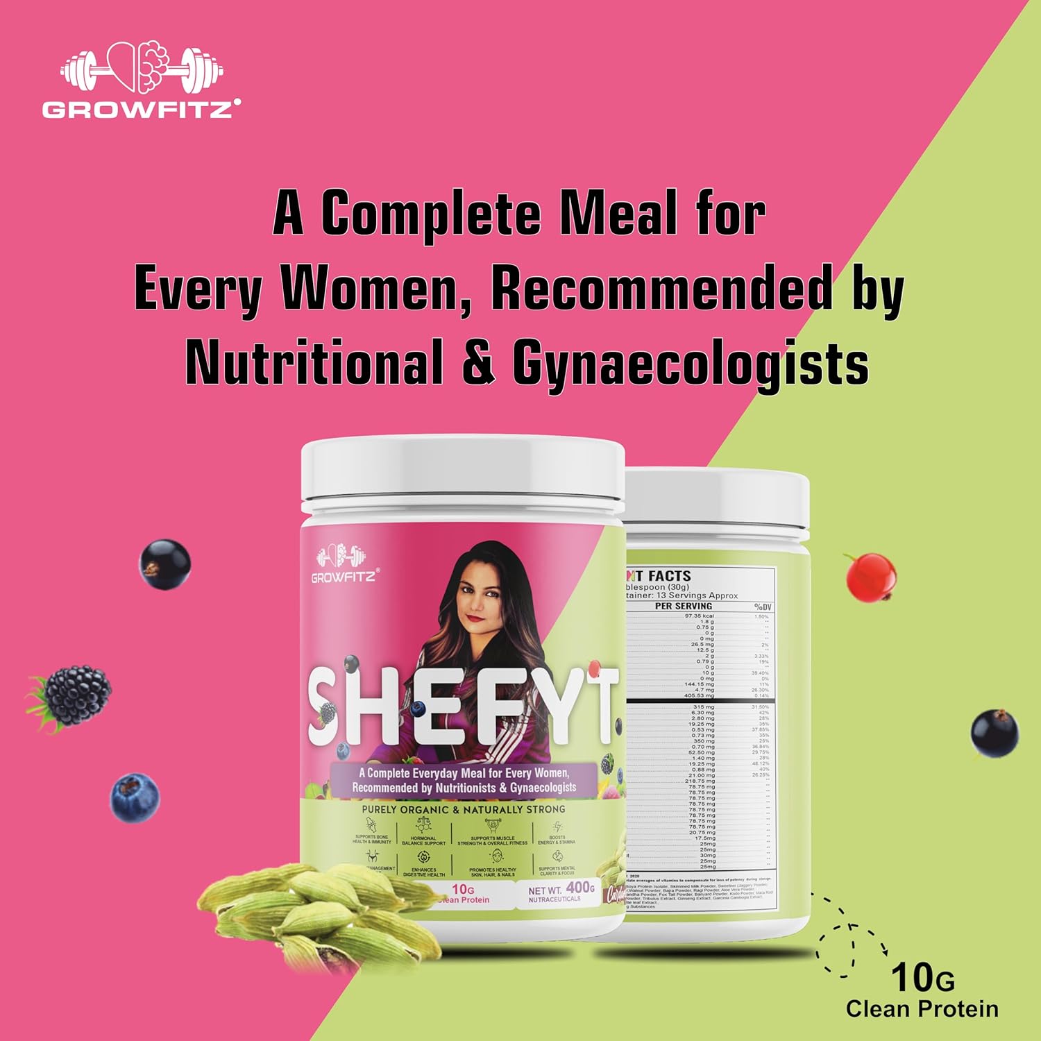 Growfitz Shefyt 100% Natural Plant Protein Rich 400g | 12g Protein | Meal Replacement Shake For Weight Control & Management | 50+ Powerful Herbs | Energy, Wellness, Immunity, Law Fat (Cardamom)
