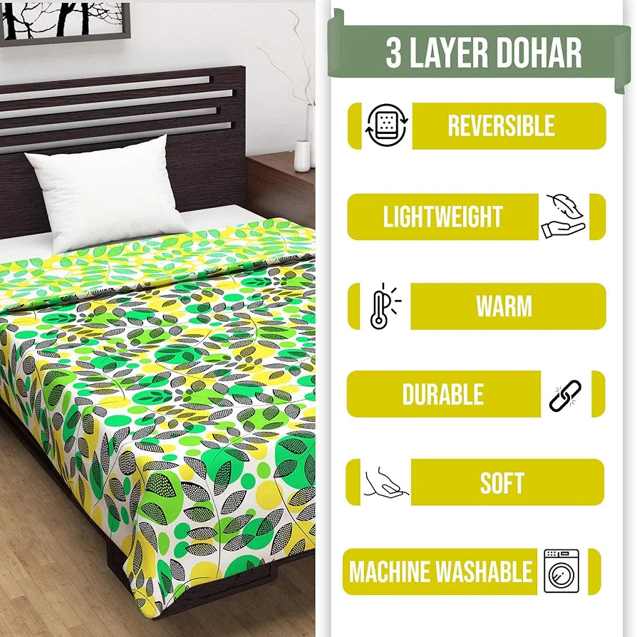 Divine Casa 120 GSM Microfiber Single Dohar Soft & Lightweight Throw Blanket Tropical Leaf Pattern Colour Green & Yellow