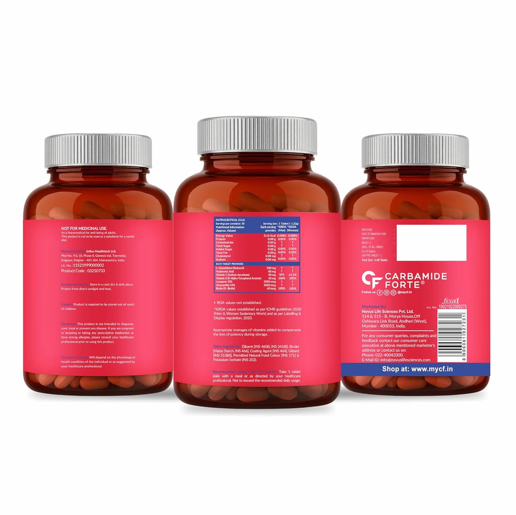Carbamide Forte Japanese Reduced L Glutathione Tablets 500mg with Vitamin C | Glutathione Supplement with Hyaluronic Acid, Vitamin E, C, Lycopene & Biotin â€“ 30 Veg Tablets