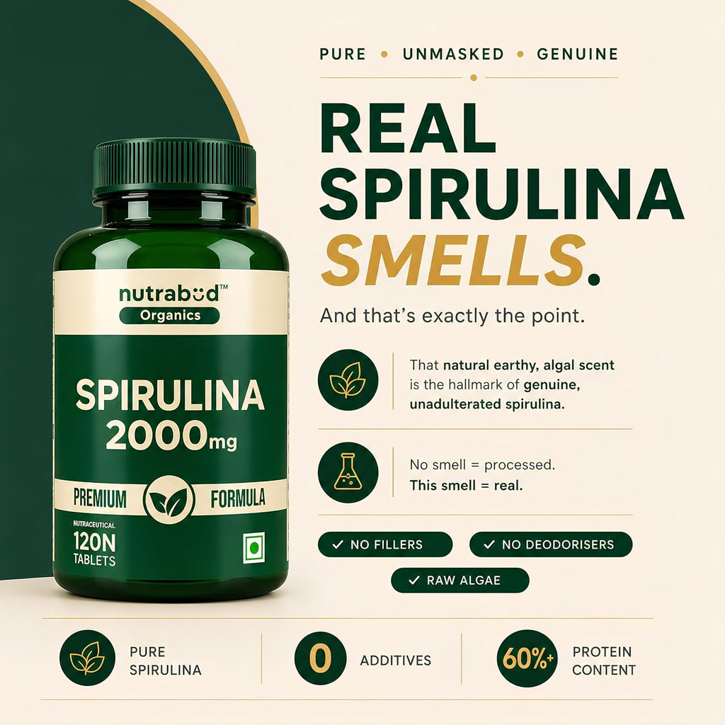 Nutrabud Spirulina Tablets 2000mg per Serving - 120 Veg Tablets - For Women, Men - Preservative & Additive Free (120 Count (Pack of 1))