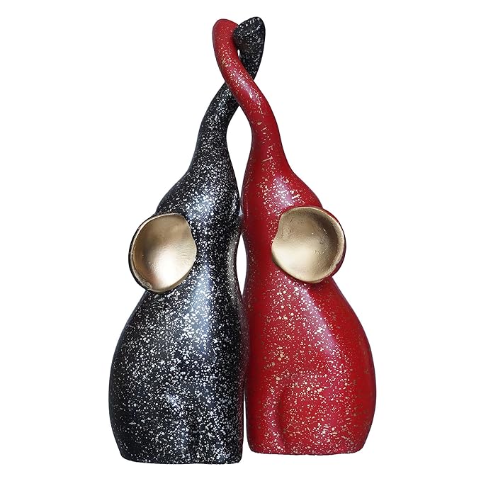 Ecraftindia Set of 2 Black & Red Cute Elephant Statues Animal Figurines Showpiece for Home Decor