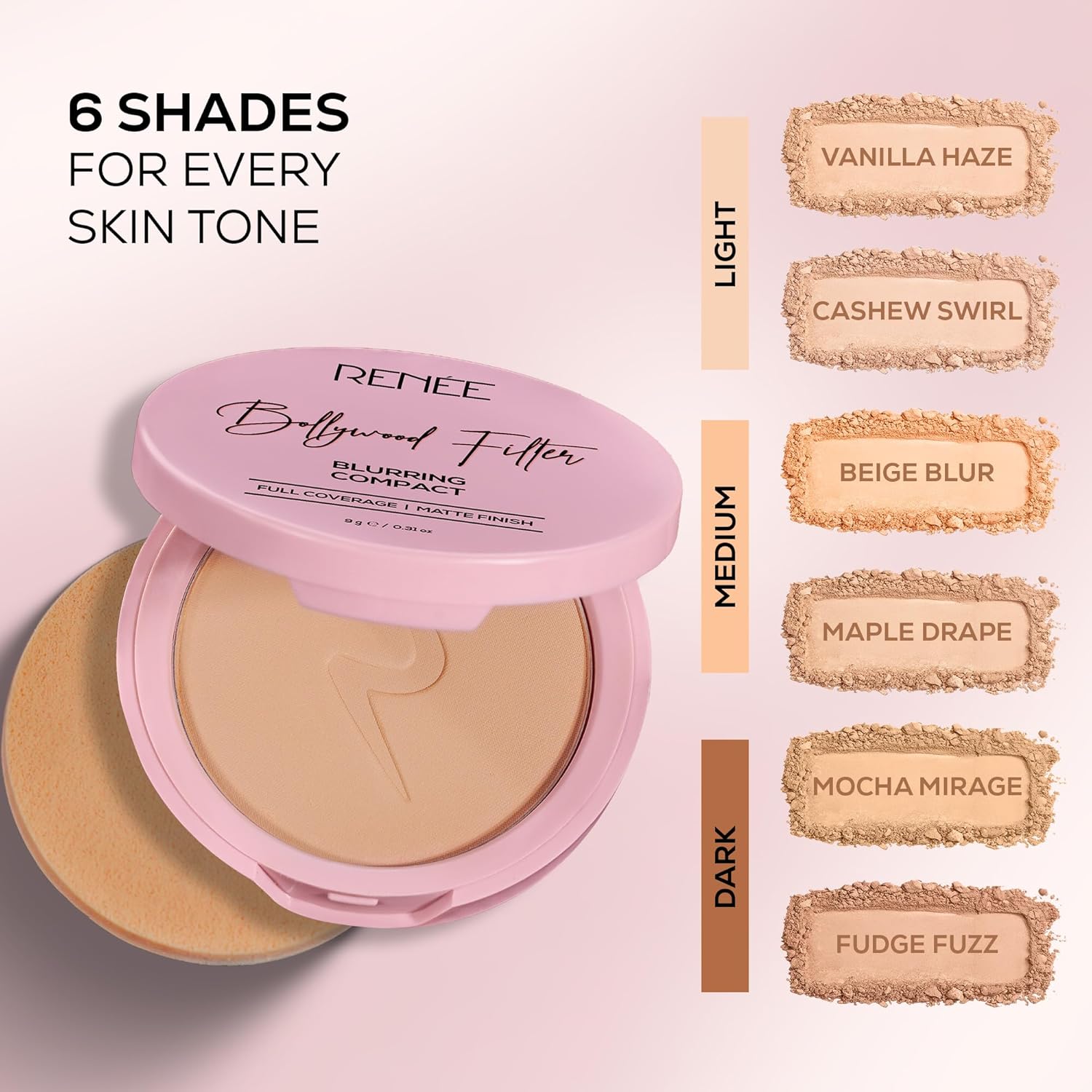 RENEE Bollywood Filter Blurring Compact - Cashew Swirl | Pore Minimising, Matte Finish, Full Coverage, Rich Pay-off | Blurs Pores & Blemishes | 9g