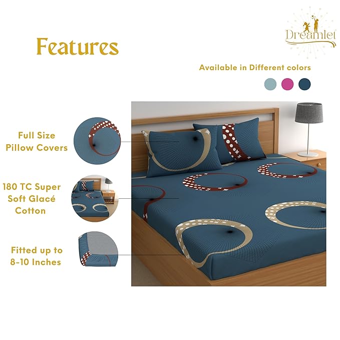 Dreamlet Supersoft 160tc Premium Cotton Elastic Fitted Double Bedsheets With 2 Full Size Pillow Covers  | Navy