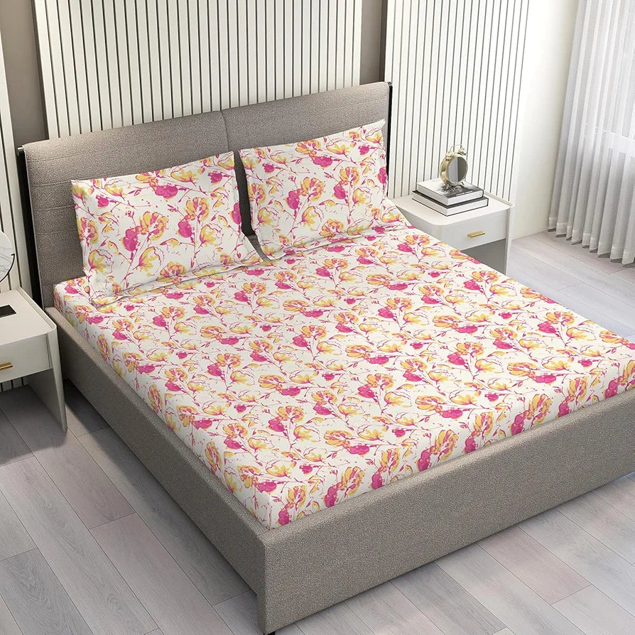 Layers Lumina Floret Cotton Bedsheet Set for All Seasons Lightweight 144 TC King Size Beige Flower