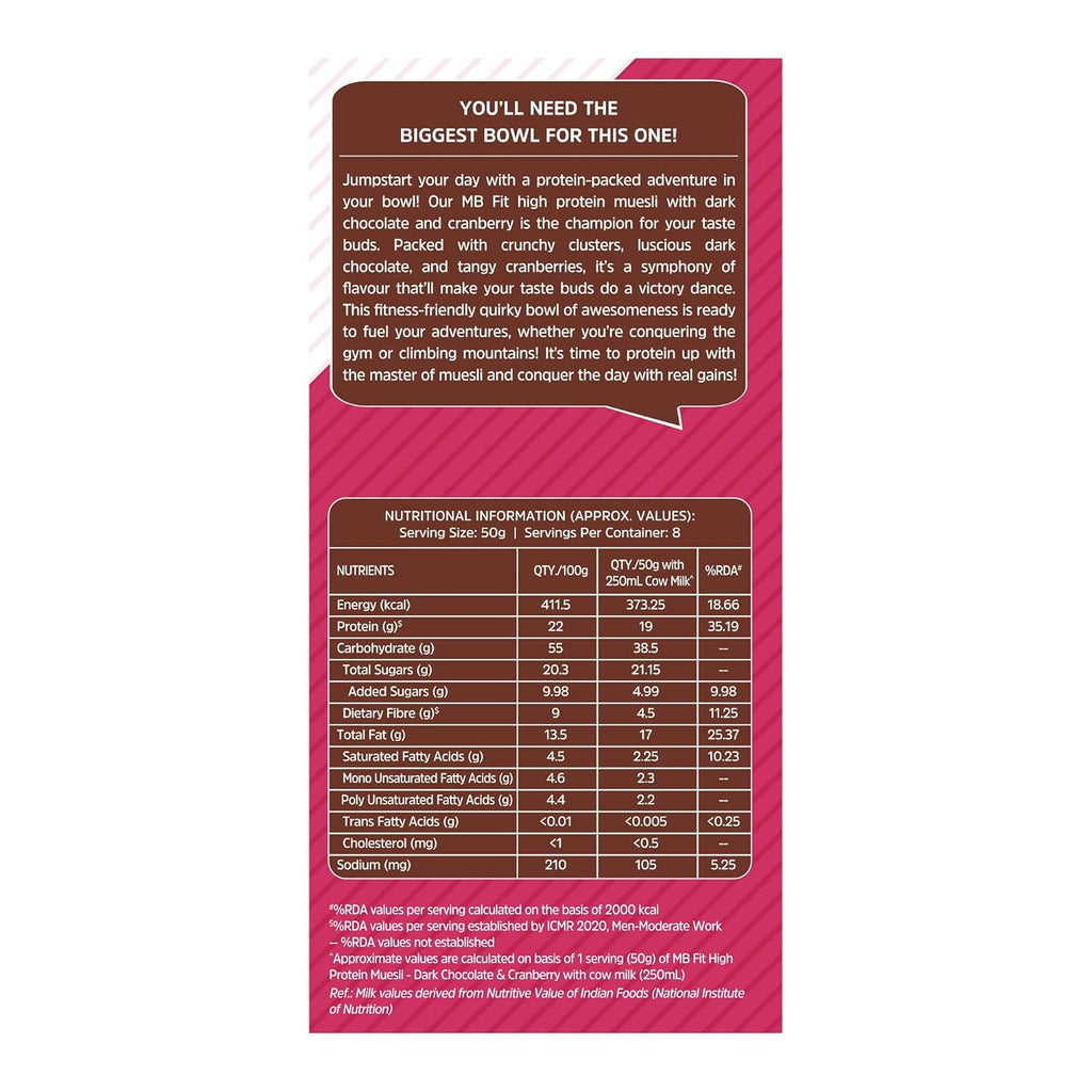 MuscleBlaze Fit High Protein Muesli, Dark Chocolate & Cranberry, 400g | 22g Protein | With Raisins, Almonds & Super Seeds,High Protein Breakfast Cereals