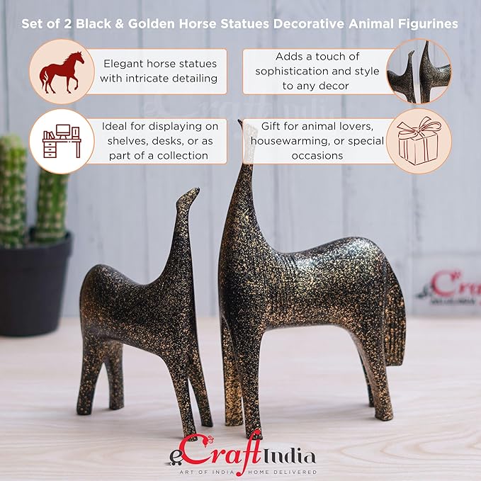 Ecraftindia Set of 2 Black & Golden Horse Statues Decorative Animal Figurines Showpiece for Home Decor