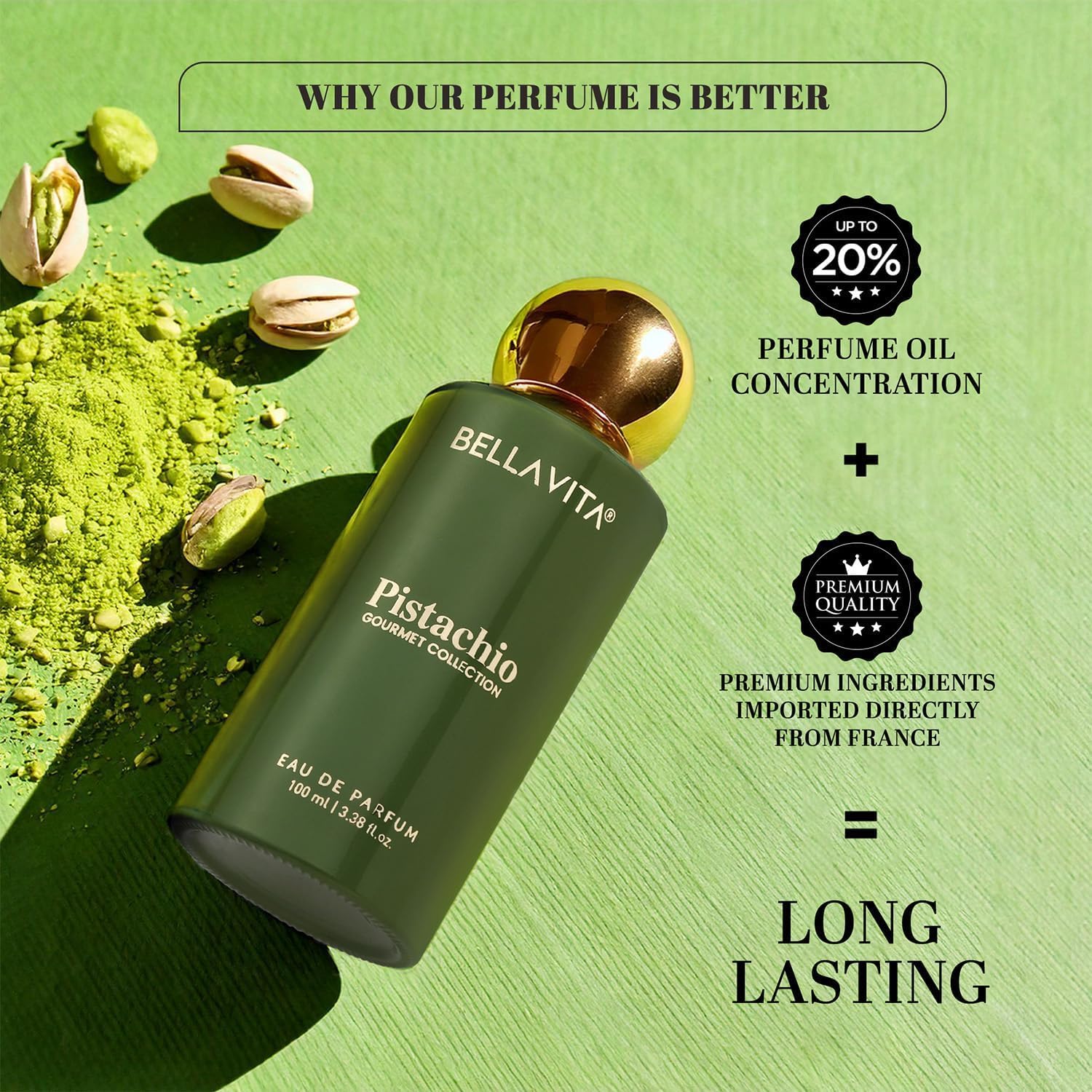 BELLAVITA Pistachio Gourmet Collection | Unisex Eau De Parfum 100ml || Long Lasting Perfume for Man and Woman Floral, Woody, Sweet Premium Unisex Fragrance for Men and Women |