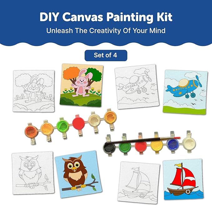 Mini Leaves Mini Canvas Art and Craft Paint Kit with Wooden Easel, Colours, Painting Brush for Girls Boys 4-6 Years DIY Kit | Set of 4