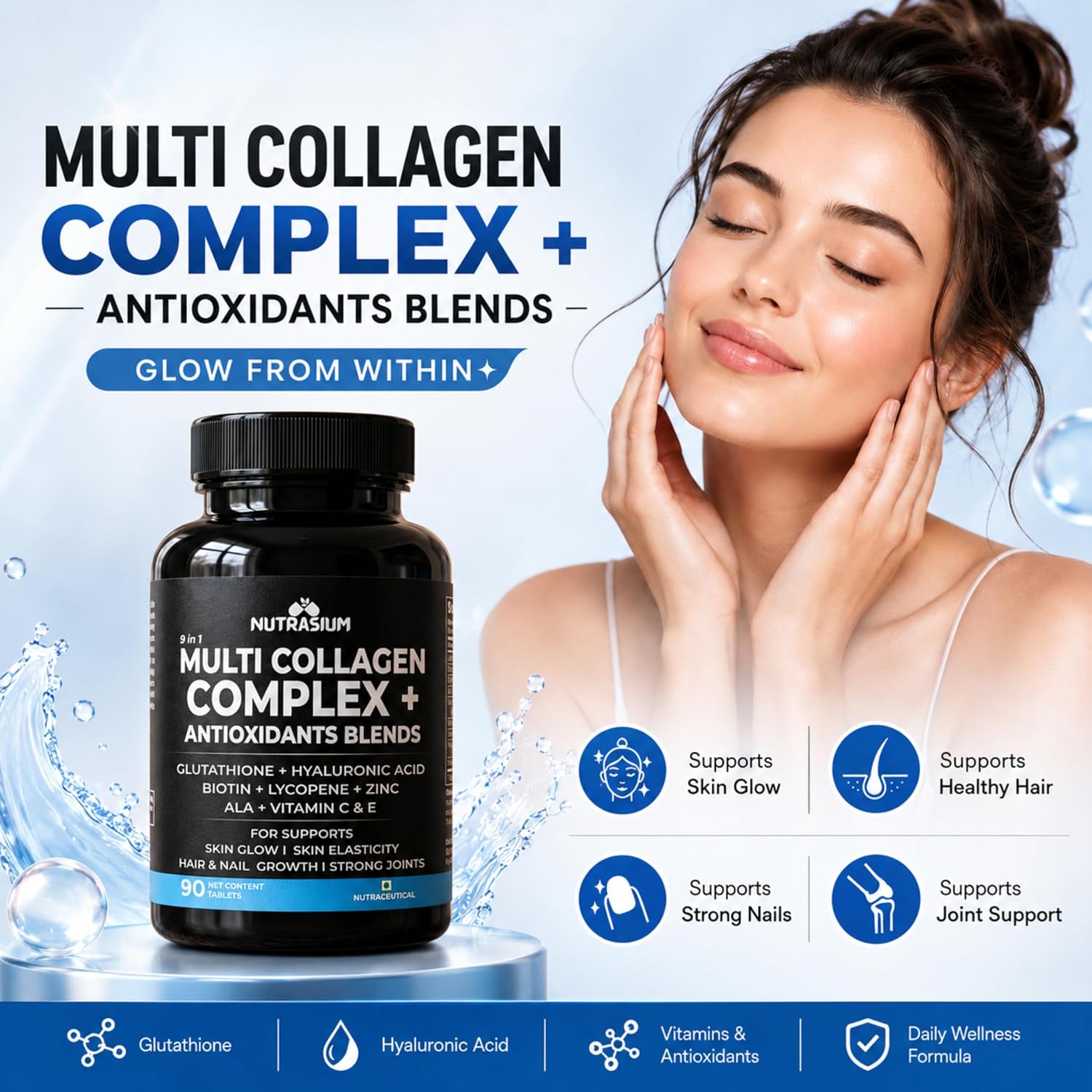 Nutrasium Multi Collagen Complex with Glutathione For Skin Radiance | with Hyaluronic Acid, Vitamin C & E | Veg Collagen Tablets For Skin & Hair | 90 tablets