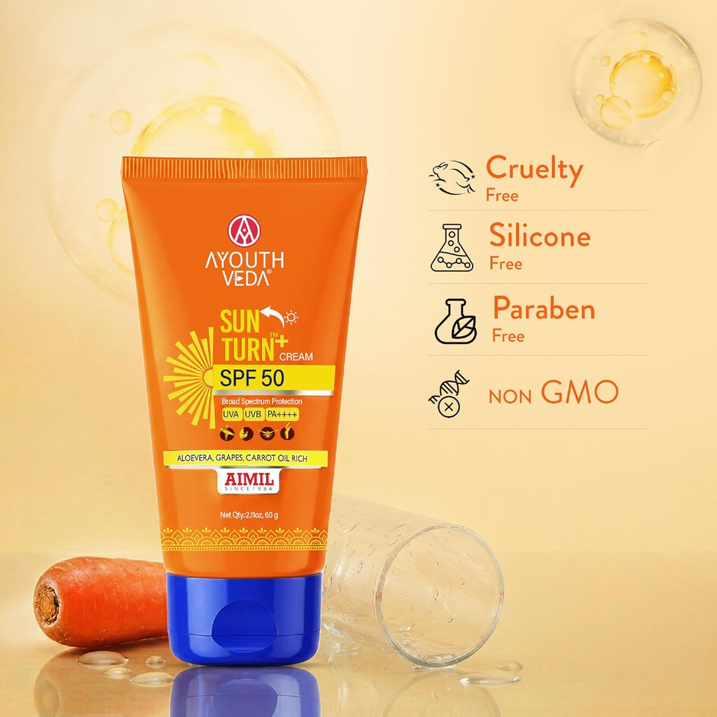 Ayouthveda Sun Turn+ SPF 50 PA++++ Sunscreen | Broad Spectrum UV & Blue Light Protection for Face & Body with Hyaluronic Acid | Hydrating Anti-Aging Formula | Non-Greasy & Water-Resistant | 60g (Pack of 1)
