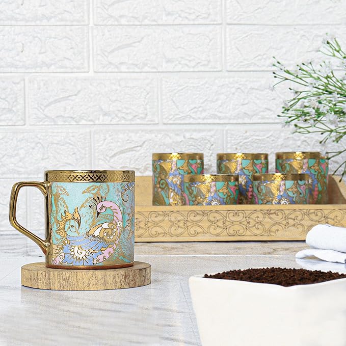 Femora Bone China Gold Tea Cup | 180 Ml | Green Leaf Peacock