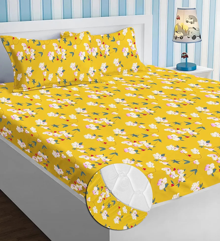 Homekart Premium Cotton Elastic Fitted Bedsheets with 2 King Size Pillow Covers Double Bed Flower Print Yellow and Green 200 tc - 220 tc