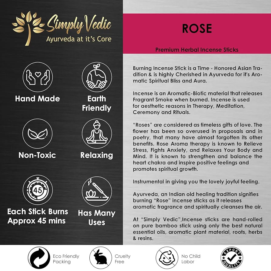 Simply Vedic Rose Incense Sticks with Holder – 135 Hand-Rolled Agarbatti