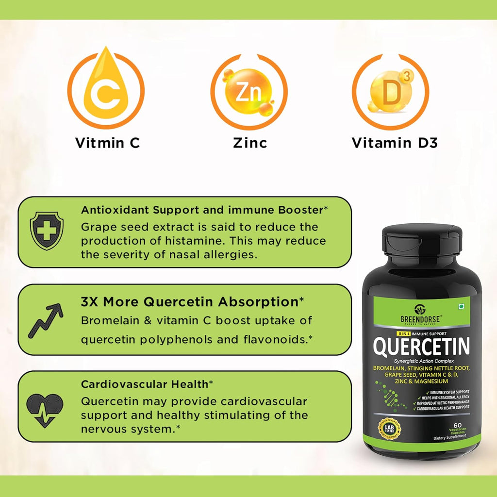 GREENDORSE Premium Quercetin with Bromelain, Stinging Nettle, Grape Seed, Vitamin C & D, Zinc, Magnesium – 8-in-1 Immune Support Supplement – Antioxidant, Allergy Relief, Cardiovascular & Respiratory Health – 60 Vegan Capsules