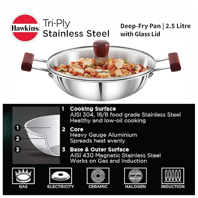 Hawkins 2.5 Litre Deep Fry Pan Triply Stainless Steel Kadai with Glass Lid