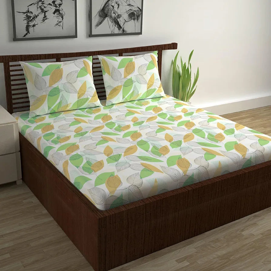 Divine Casa Double Size Bedsheet for Double Bed, 144 TC Pure Cotton Queen Size with 2 Pillow Covers Floral Colour Sage & Mustard