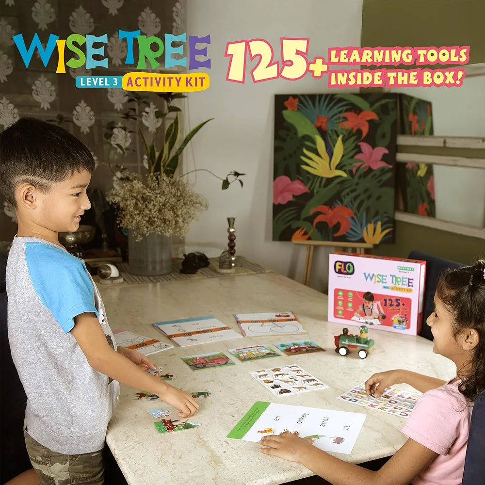 FLO Wisetree Level 3 Preschool Learning Activity Kit for Toddlers Age 5+ 125+ Early Learning Tools Birthday Gift Alphabet Flash Cards Puzzle, Push-n-go Toy