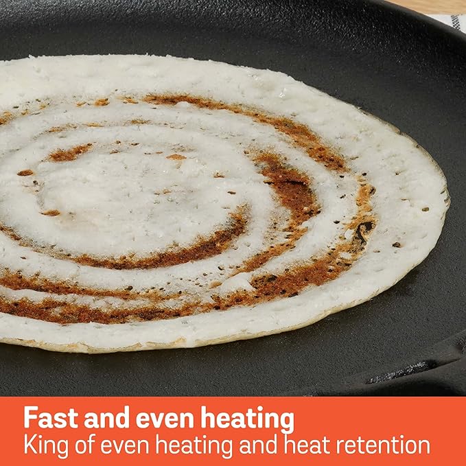 Meyer Pre-Seasoned Cast Iron Flat Dosa Tawa Pan with Stick Handle 24cm Black