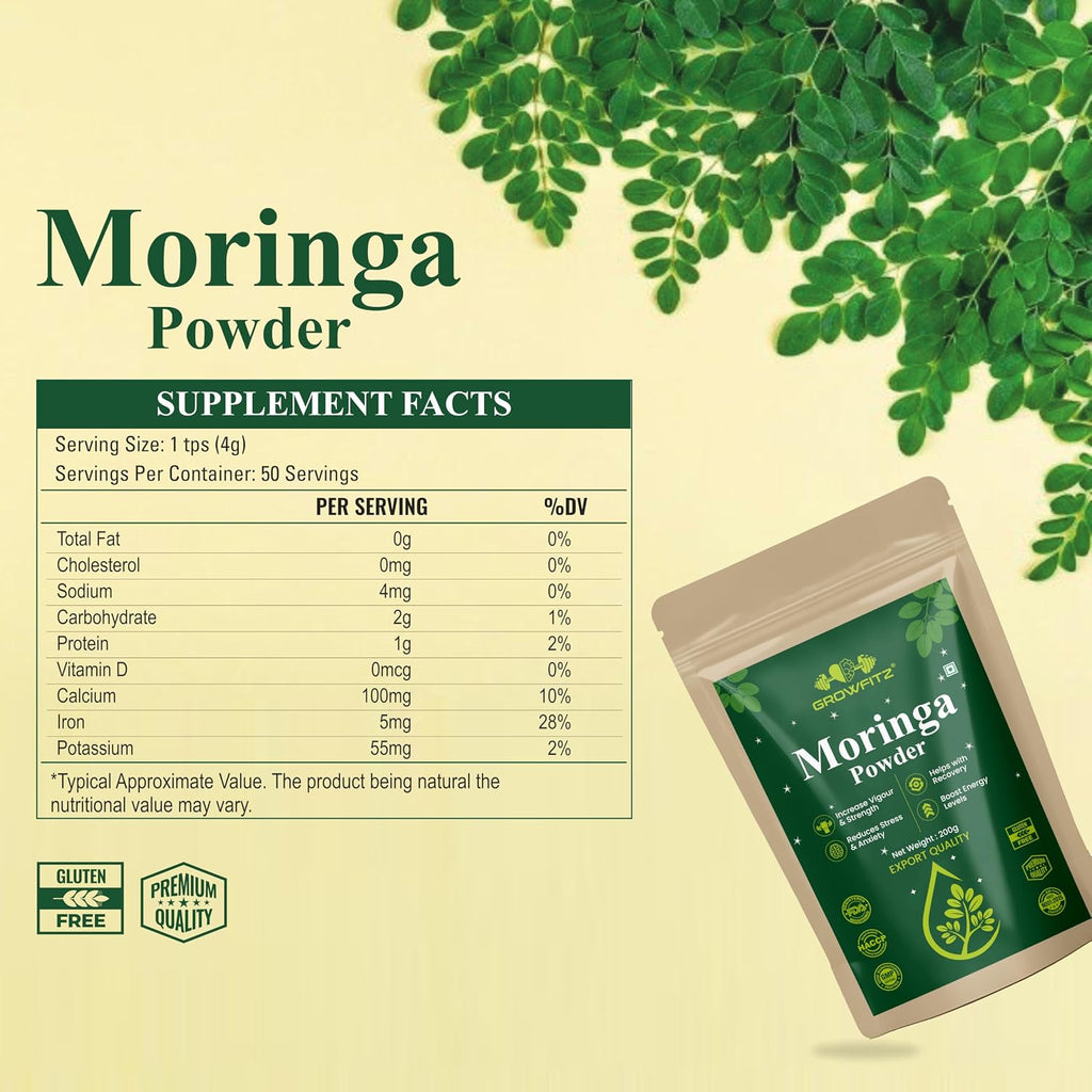 Growfitz 100% Organic Moringa Powder 200g | Healthy Superfood For Weight Loss, Naturally Boost Energy Levels, Multivitamins, Digestion, Stamina, Skincare | Rich in Nutrients (Pack of 1)