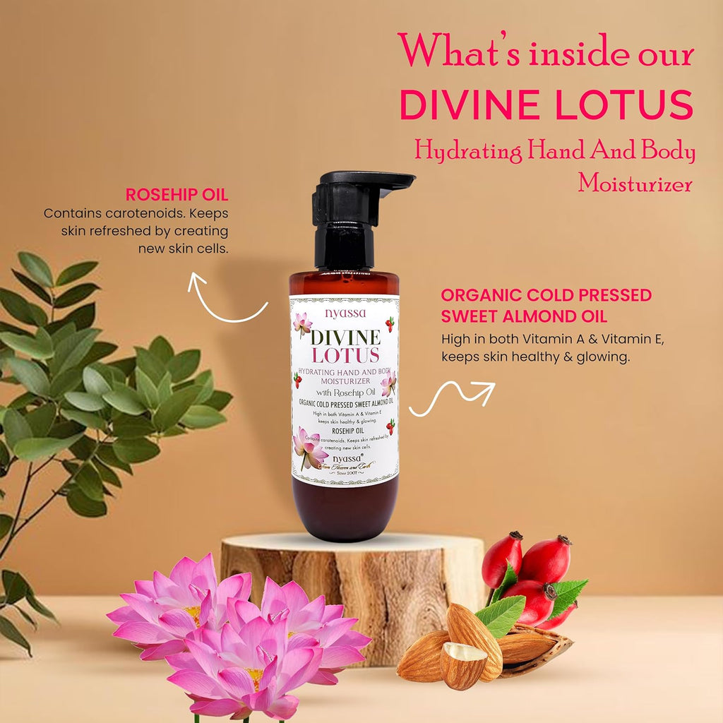 Nyassa Divine Lotus Hydrating Hand and Body Moisturizer With Rosehip Oil & Organic Sweet Almond Oil - 200 Ml