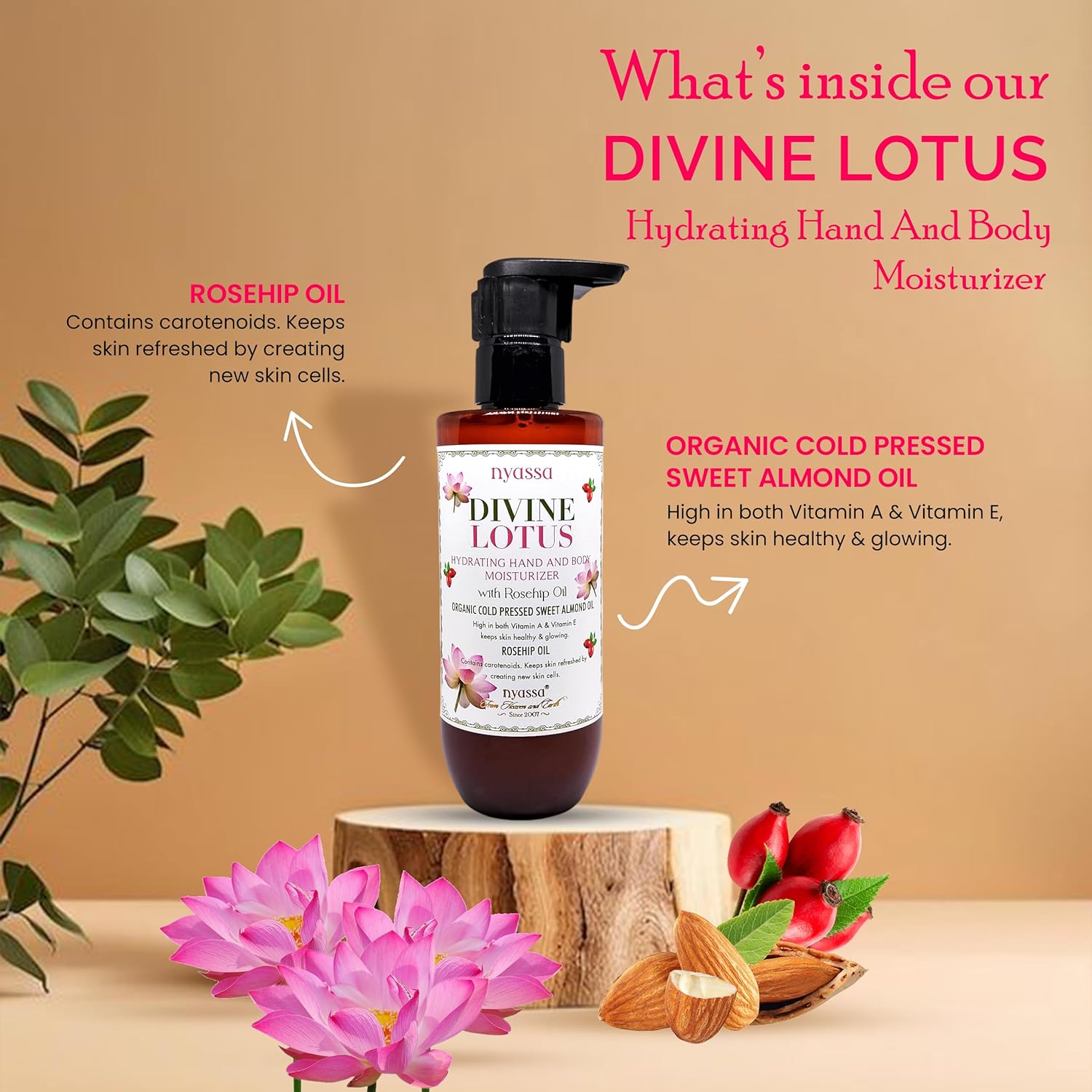 Nyassa Divine Lotus Hydrating Hand and Body Moisturizer With Rosehip Oil & Organic Sweet Almond Oil - 200 Ml