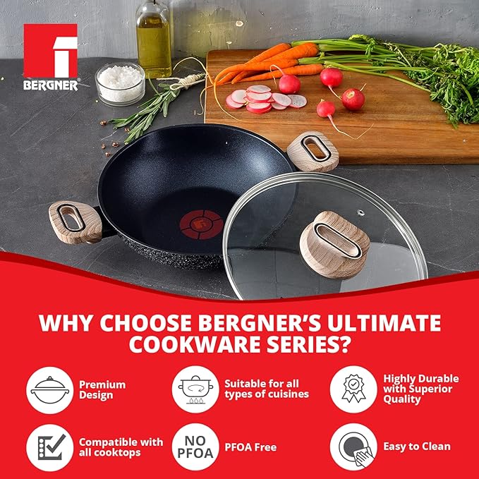 Bergner Ultimate Non-stick Kadai With Glass Lid | 24 Cm | 2 Litres